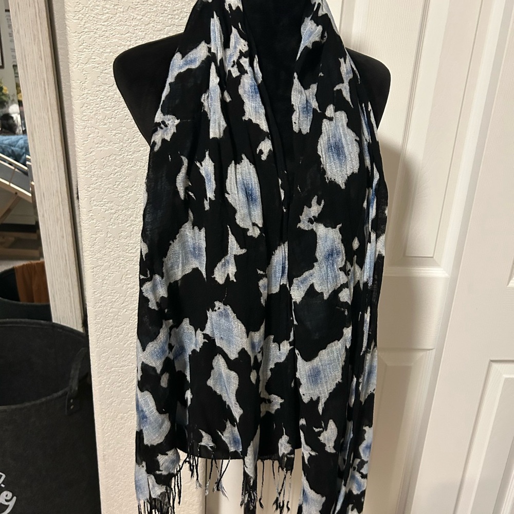 Black scarf with White and blue flower Patterned Scarf